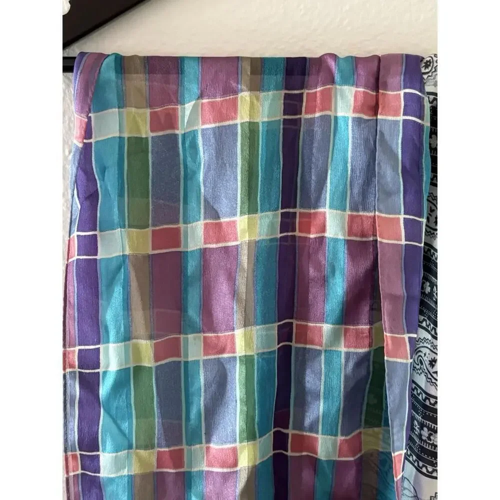 2 Silk Scarves Liz Claiborne Plaid & Paisley Gray White 58x9 & 26x11